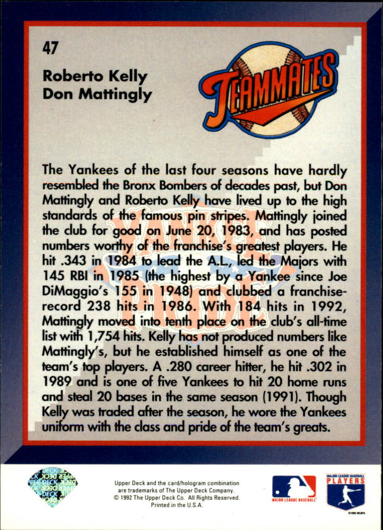 1993 Upper Deck #47 R.Kelly/D.Mattingly back image