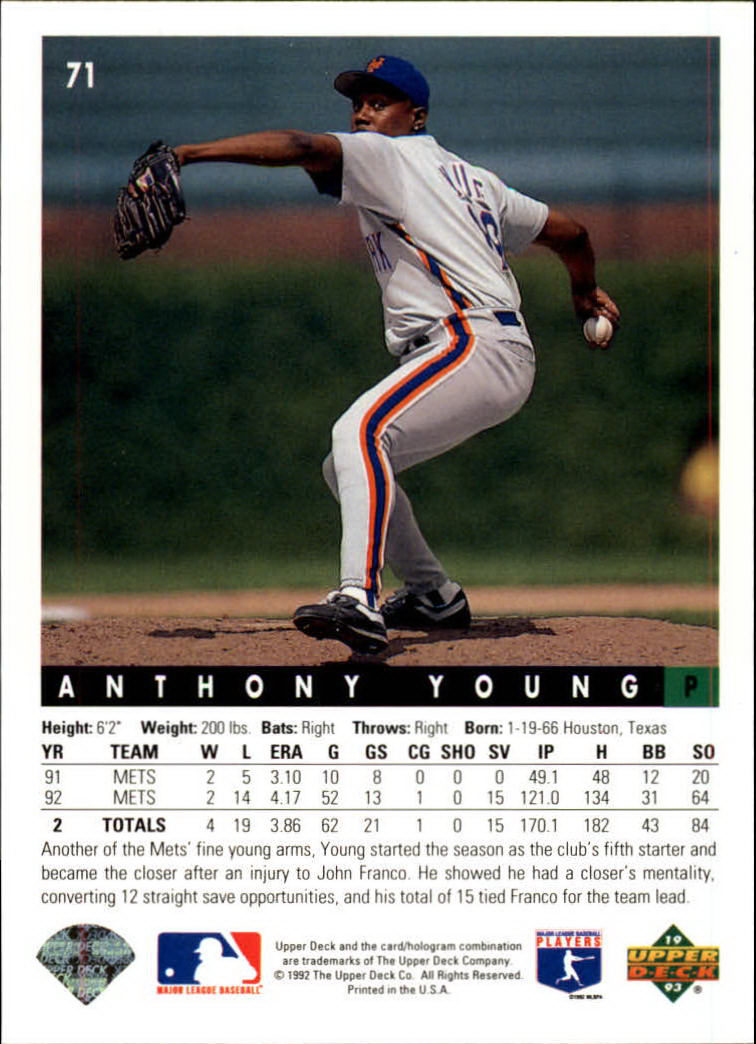1993 Upper Deck #71 Anthony Young back image