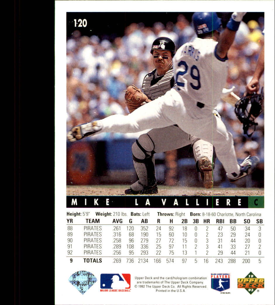 1993 Upper Deck #120 Mike LaValliere back image