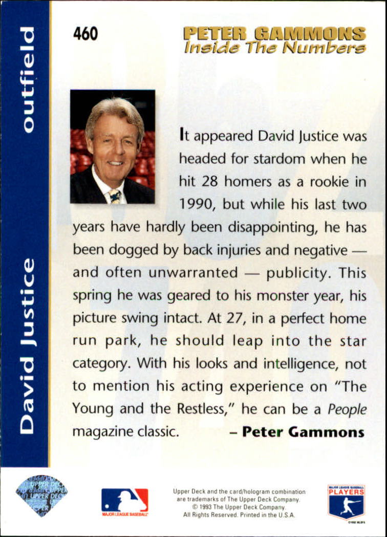 1993 Upper Deck #460 David Justice IN back image