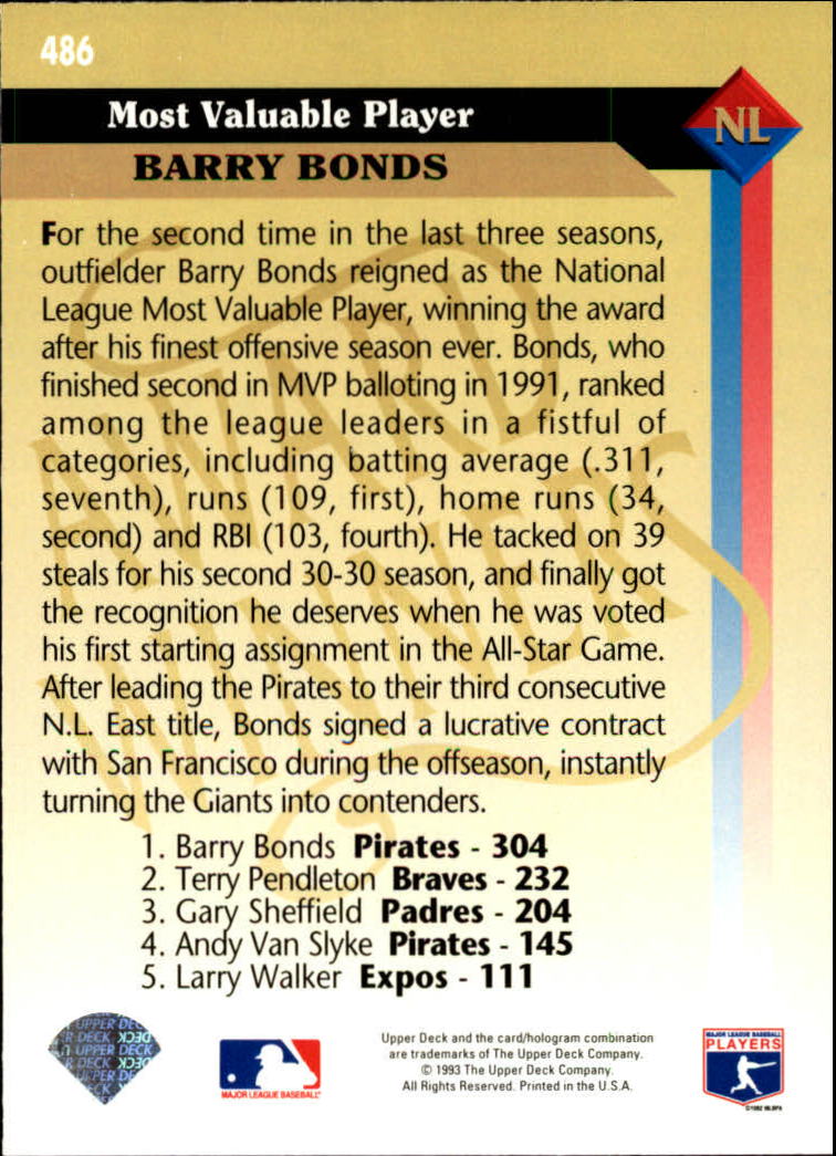 1993 Upper Deck #486 Barry Bonds AW back image
