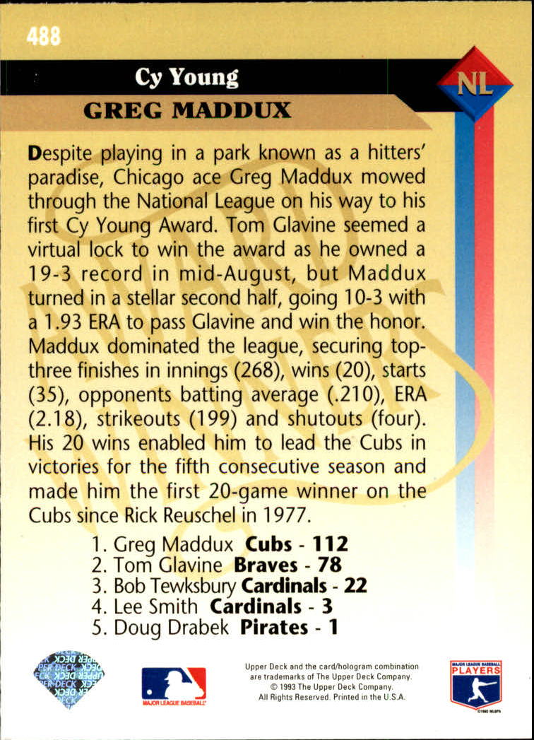 1993 Upper Deck #488 Greg Maddux AW back image