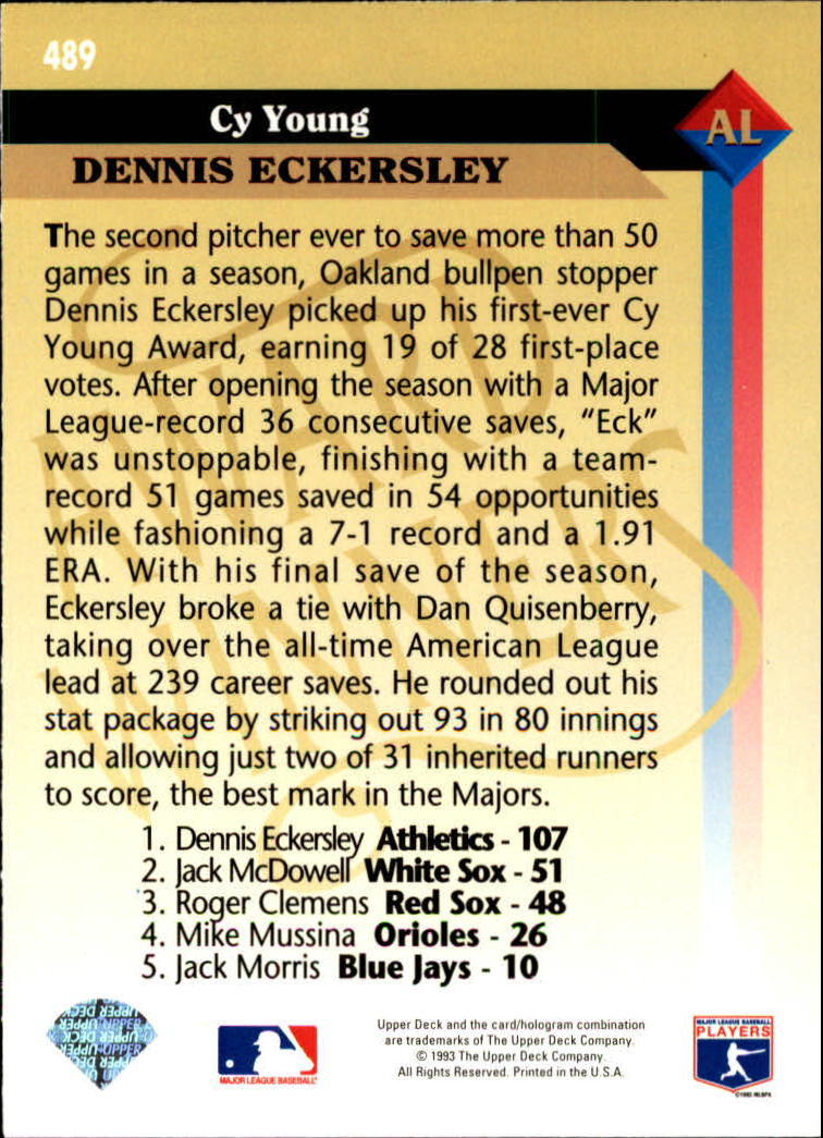 1993 Upper Deck #489 Dennis Eckersley AW back image