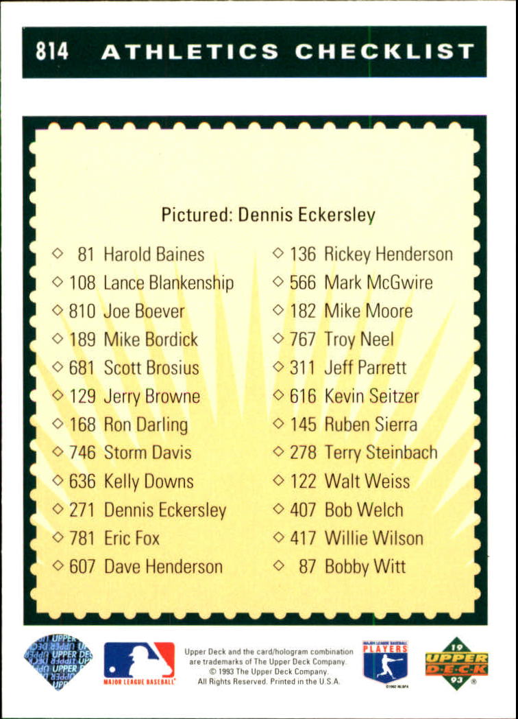 1993 Upper Deck #814 Dennis Eckersley TC back image