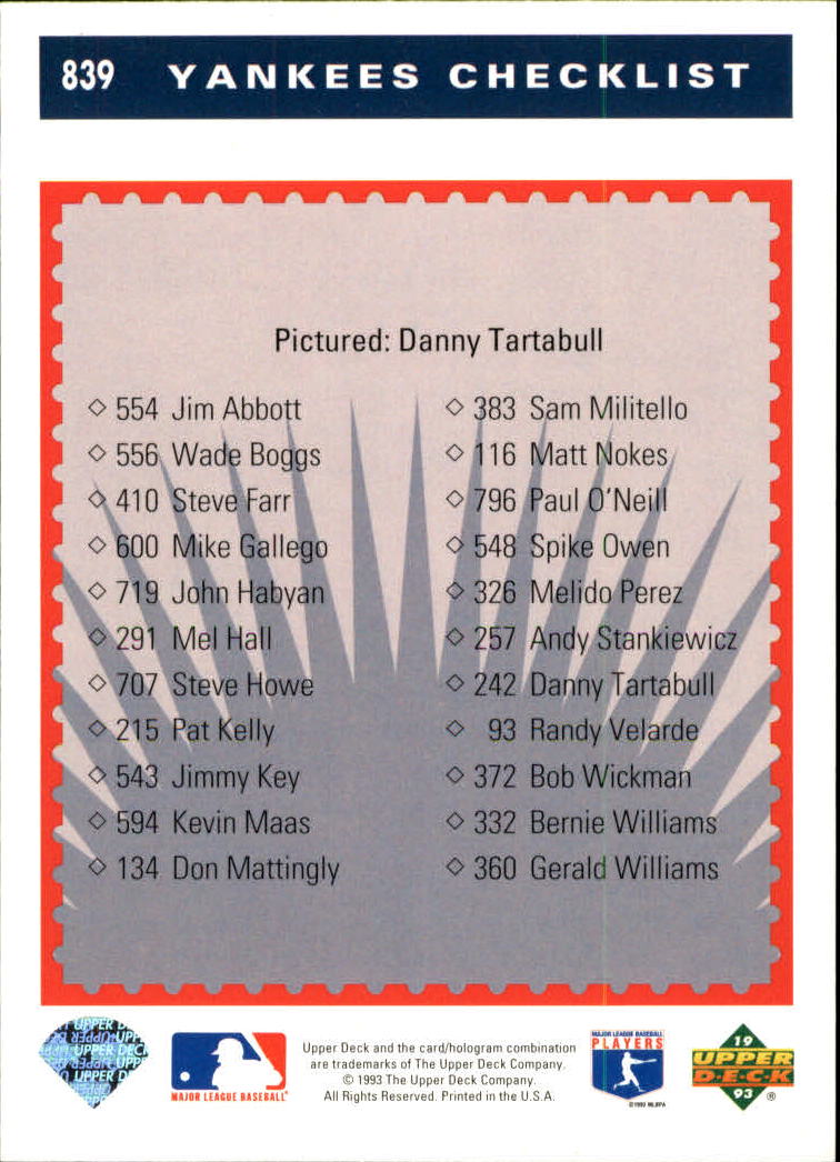 1993 Upper Deck #839 Danny Tartabull TC back image