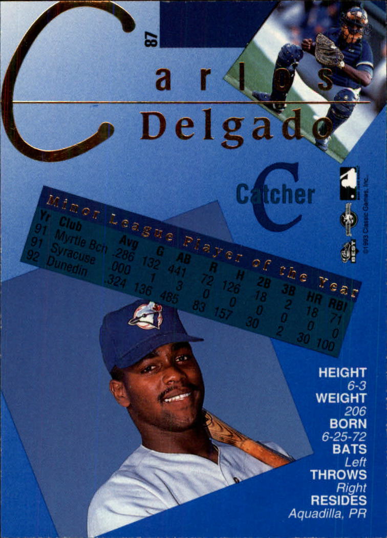 1993 Classic/Best Gold #87 Carlos Delgado back image