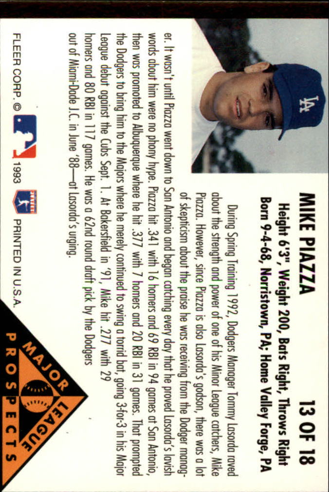 1993 Fleer Major League Prospects #13 Mike Piazza/Series 1 back image