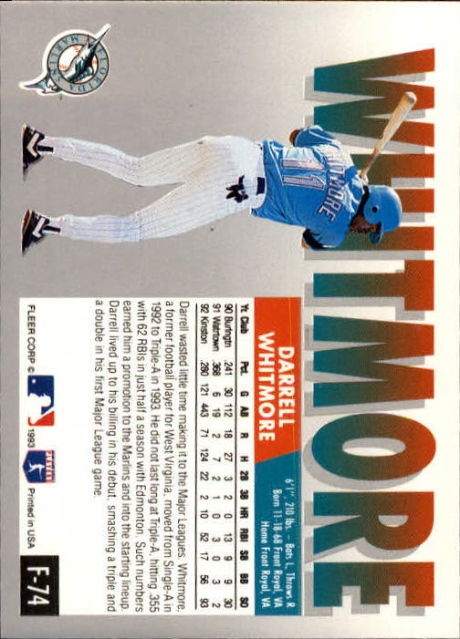 1993 Fleer Final Edition #74 Darrell Whitmore RC back image