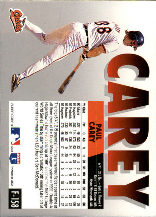 1993 Fleer Final Edition #158 Paul Carey RC back image