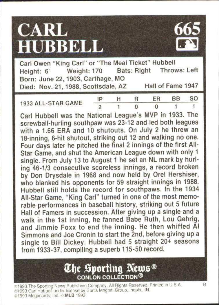 1993 Conlon TSN #665 Carl Hubbell back image