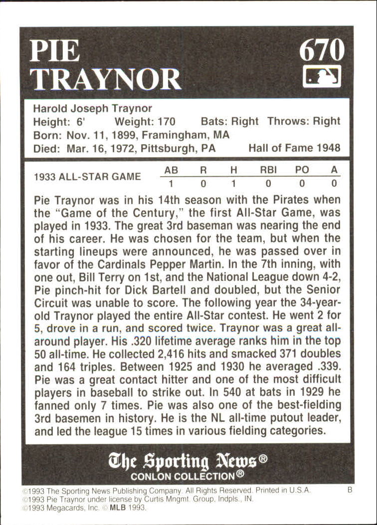 1993 Conlon TSN #670 Pie Traynor back image