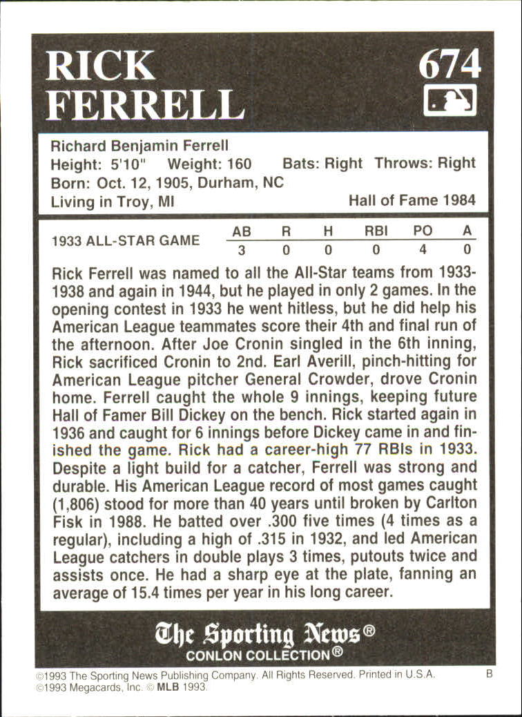 1993 Conlon TSN #674 Rick Ferrell back image