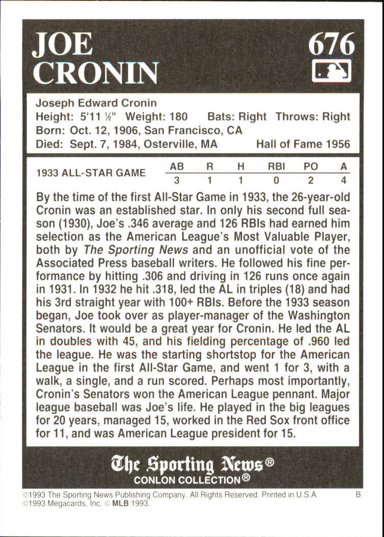 1993 Conlon TSN #676 Joe Cronin back image