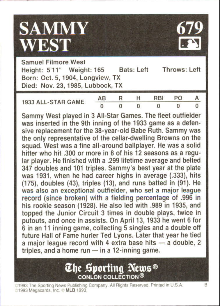 1993 Conlon TSN #679 Sammy West back image