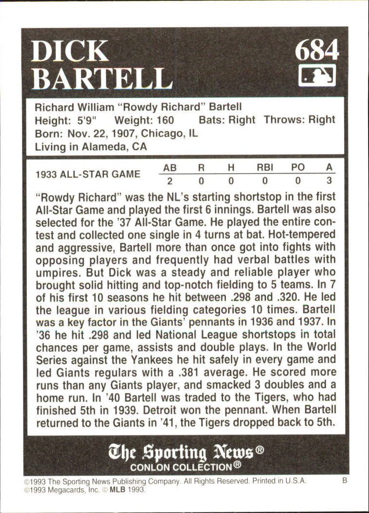1993 Conlon TSN #684 Dick Bartell back image