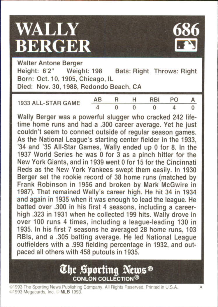 1993 Conlon TSN #686 Wally Berger back image