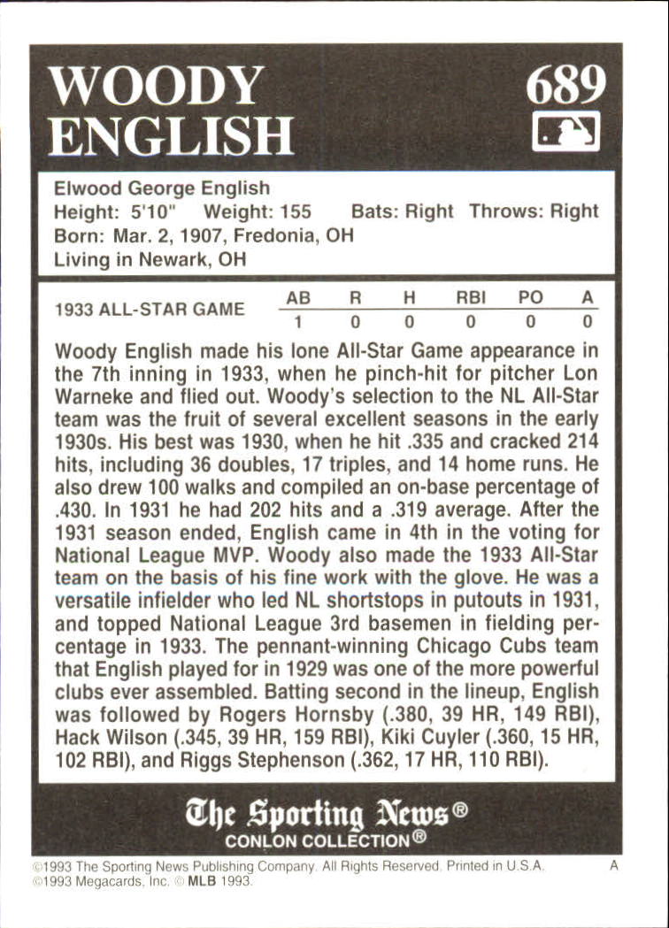 1993 Conlon TSN #689 Woody English back image