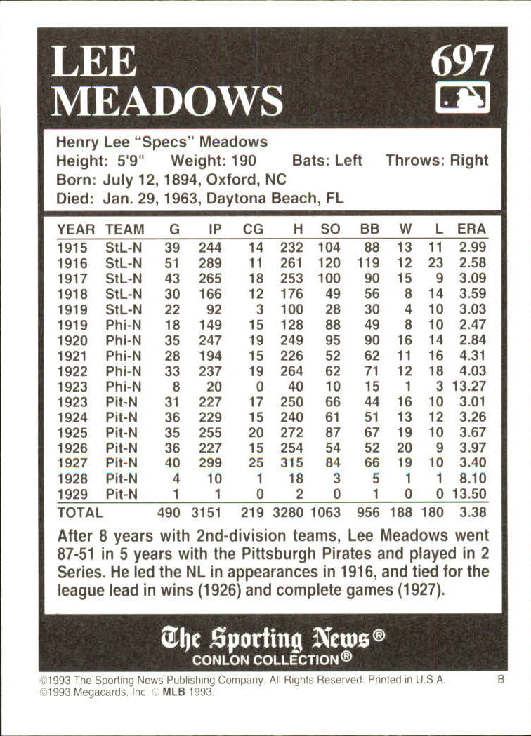 1993 Conlon TSN #697 Lee Meadows back image