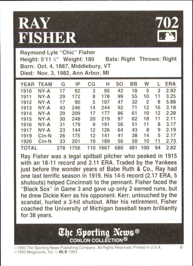 1993 Conlon TSN #702 Ray Fisher back image