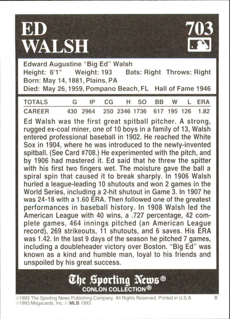 1993 Conlon TSN #703 Ed Walsh back image