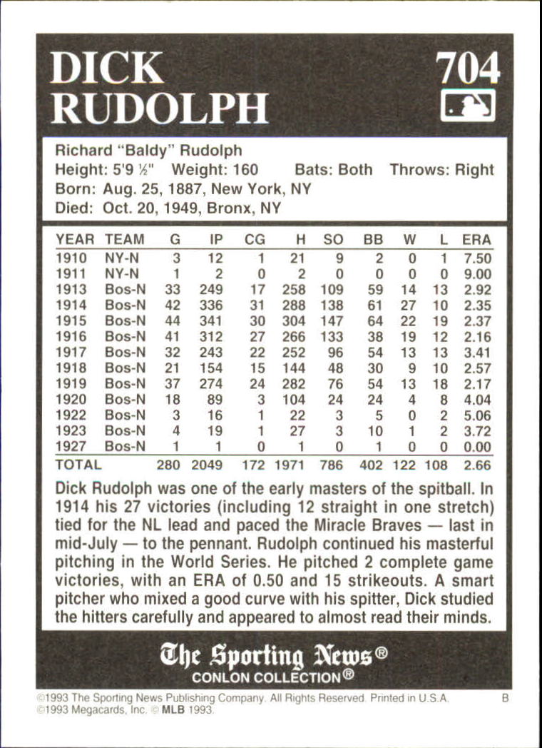 1993 Conlon TSN #704 Dick Rudolph back image