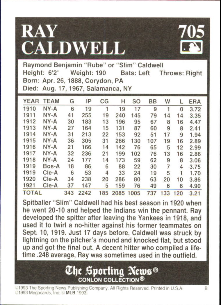 1993 Conlon TSN #705 Ray Caldwell back image