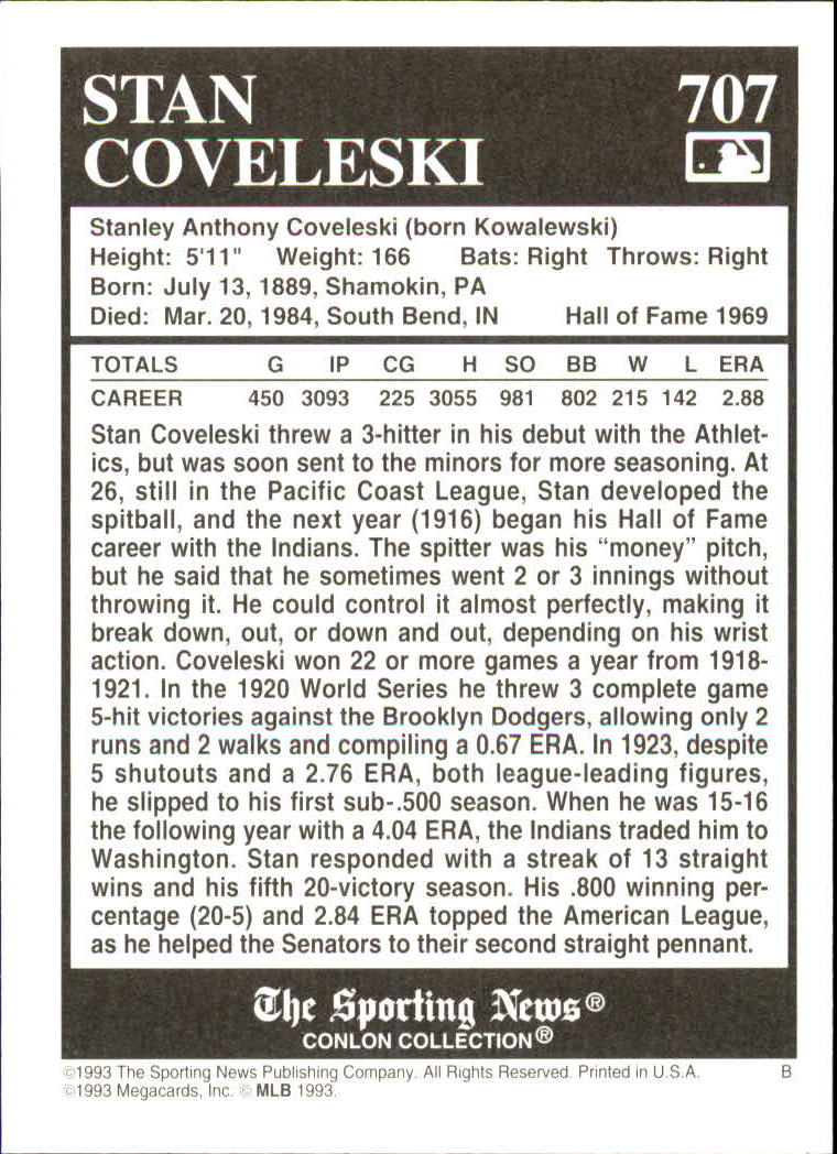 1993 Conlon TSN #707 Stan Coveleski back image