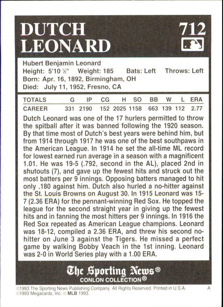 1993 Conlon TSN #712 Dutch Leonard back image