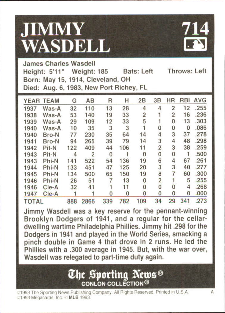 1993 Conlon TSN #714 Jimmy Wasdell back image