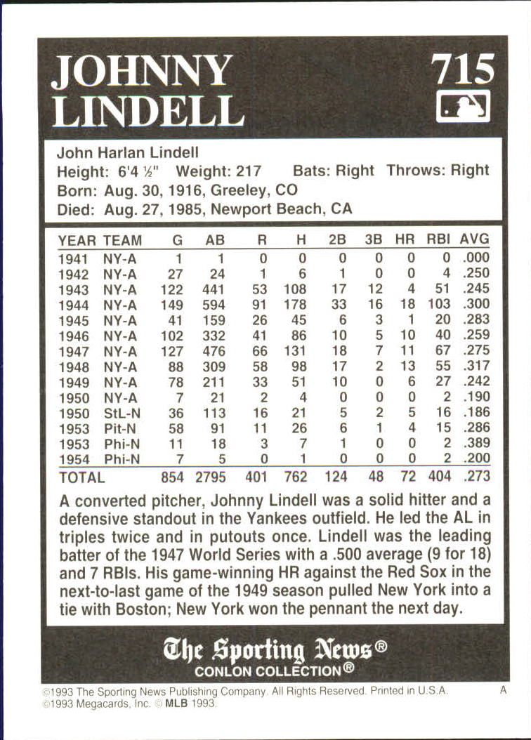 1993 Conlon TSN #715 Johnny Lindell back image