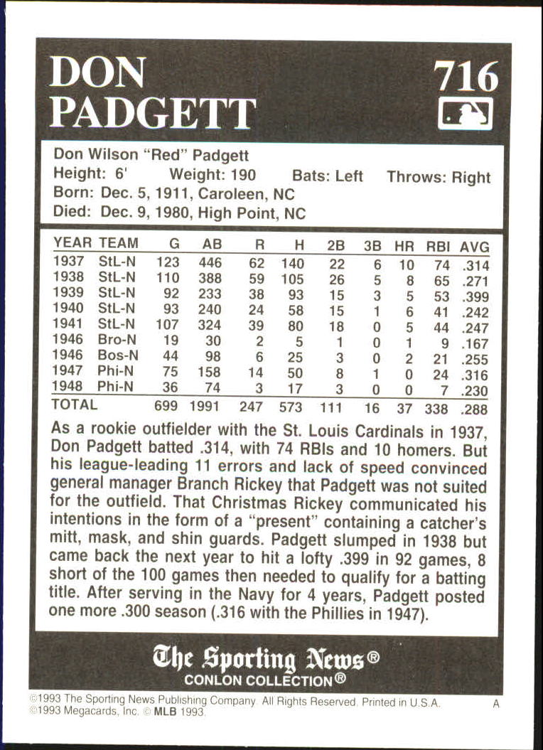 1993 Conlon TSN #716 Don Padgett back image