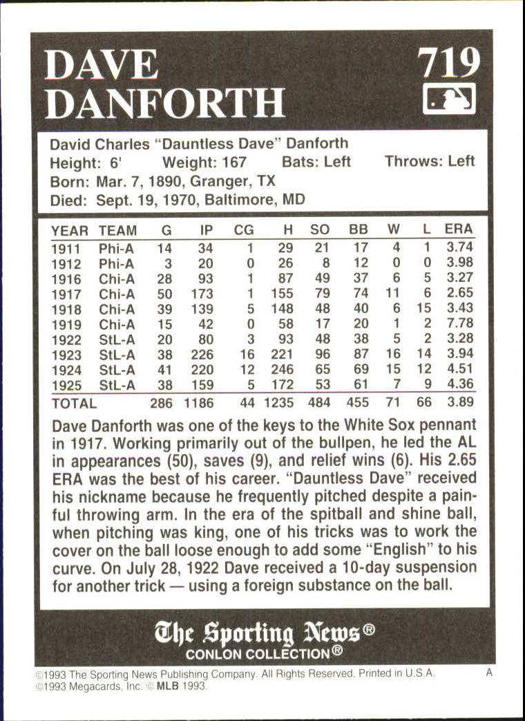 1993 Conlon TSN #719 Dave Danforth back image