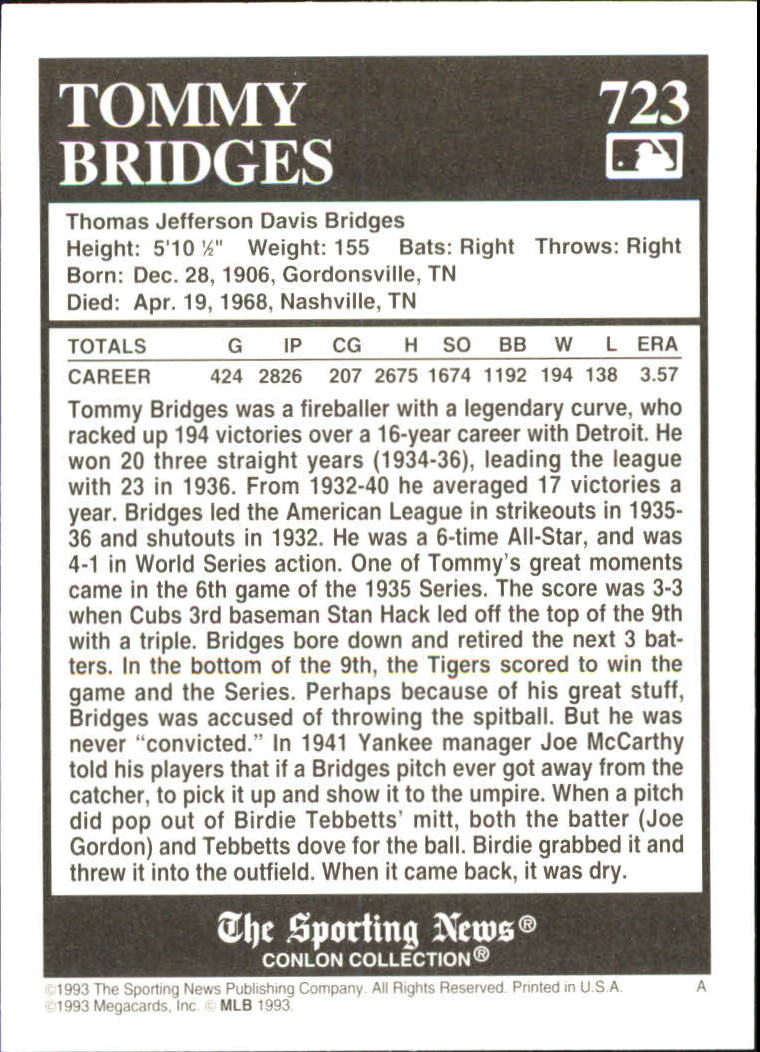 1993 Conlon TSN #723 Tommy Bridges back image