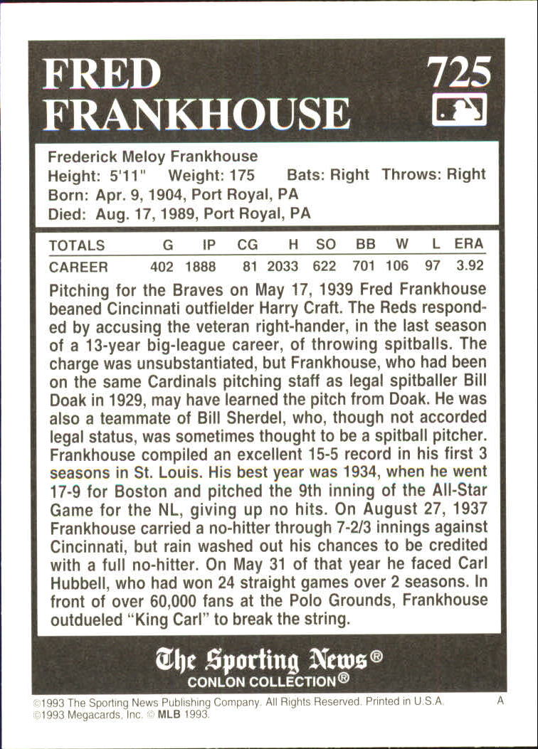 1993 Conlon TSN #725 Fred Frankhouse back image