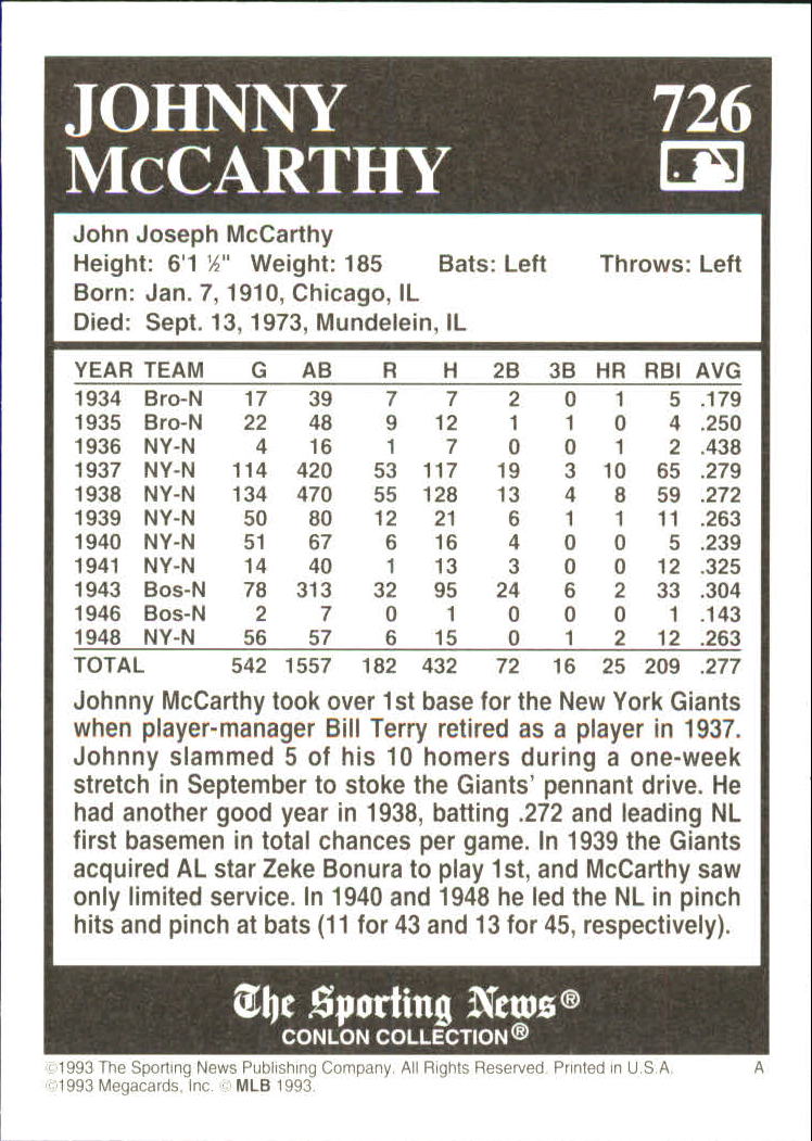 1993 Conlon TSN #726 Johnny McCarthy back image