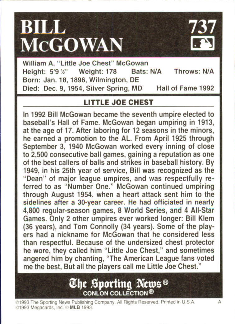1993 Conlon TSN #737 Bill McGowan UMP back image