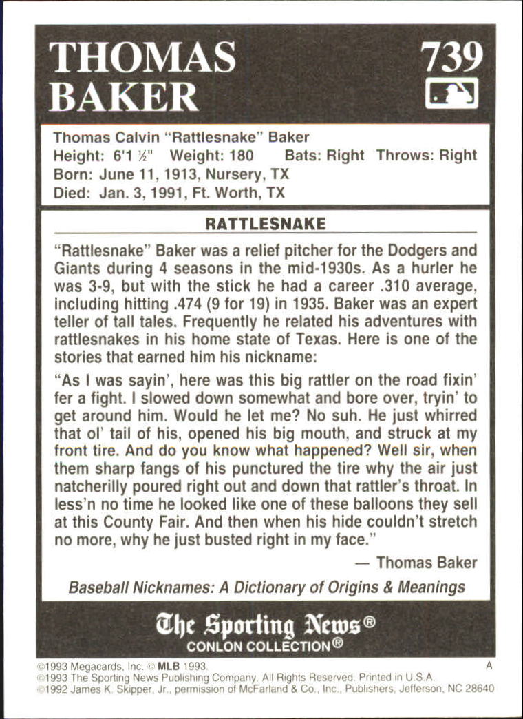 1993 Conlon TSN #739 Tom Baker back image