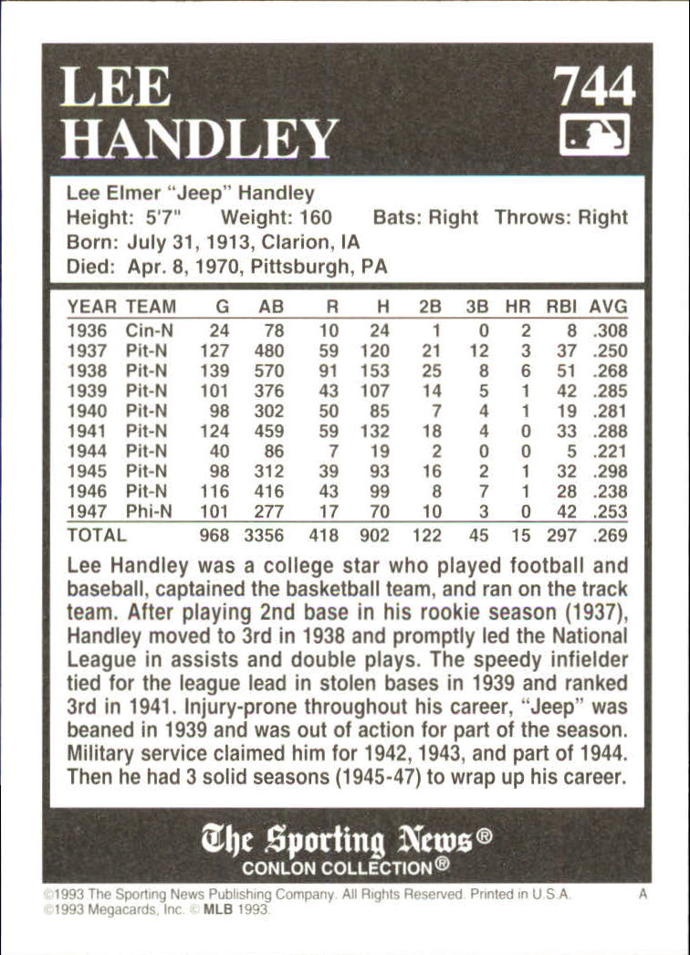 1993 Conlon TSN #744 Lee Handley back image