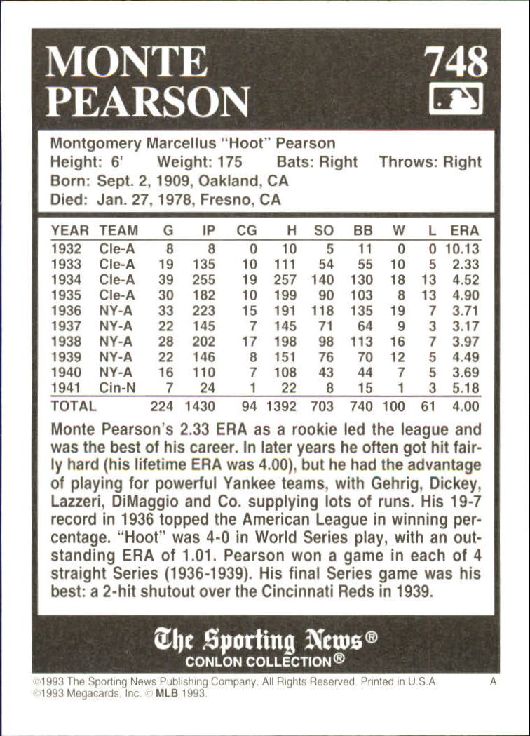 1993 Conlon TSN #748 Monte Pearson back image