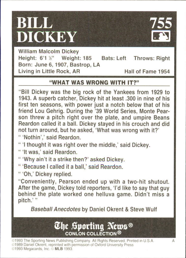 1993 Conlon TSN #755 Bill Dickey back image