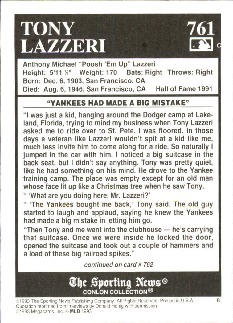 1993 Conlon TSN #761 Tony Lazzeri back image