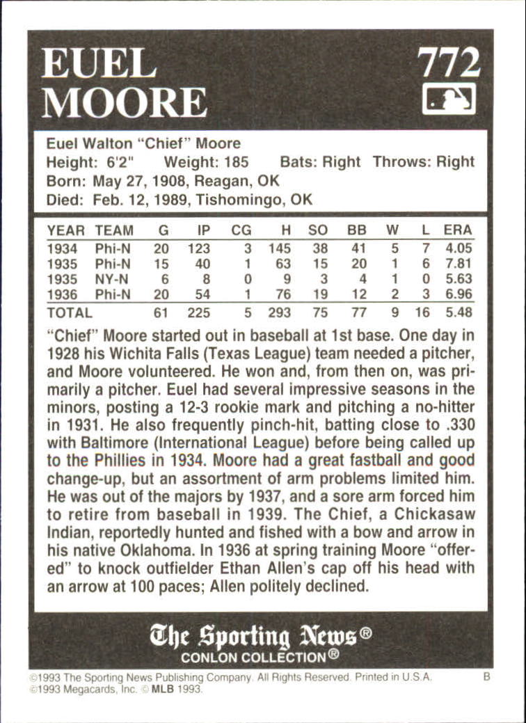 1993 Conlon TSN #772 Euel Moore back image