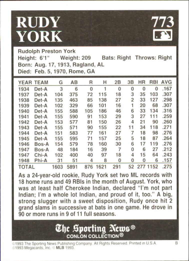 1993 Conlon TSN #773 Rudy York back image