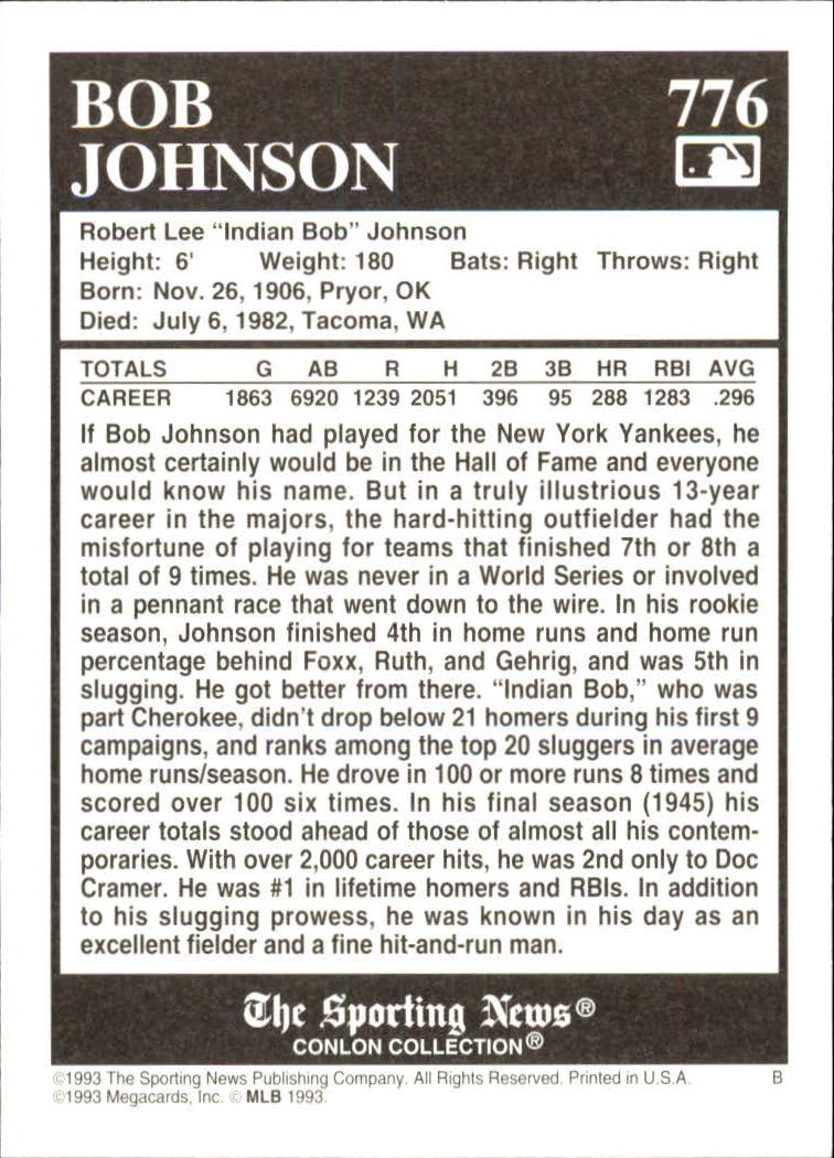 1993 Conlon TSN #776 Bob Johnson back image
