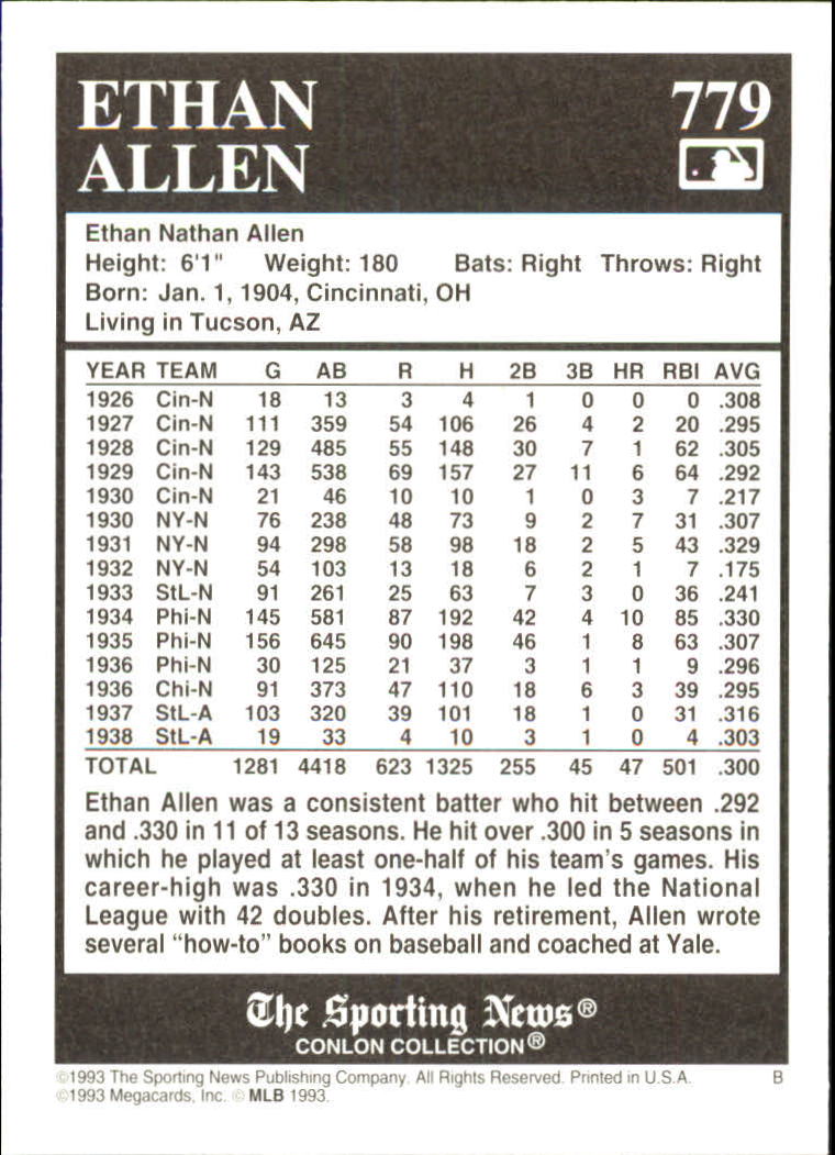1993 Conlon TSN #779 Ethan Allen back image