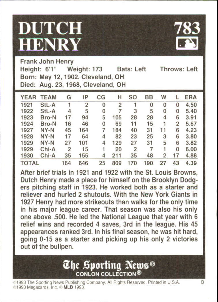 1993 Conlon TSN #783 Dutch Henry back image