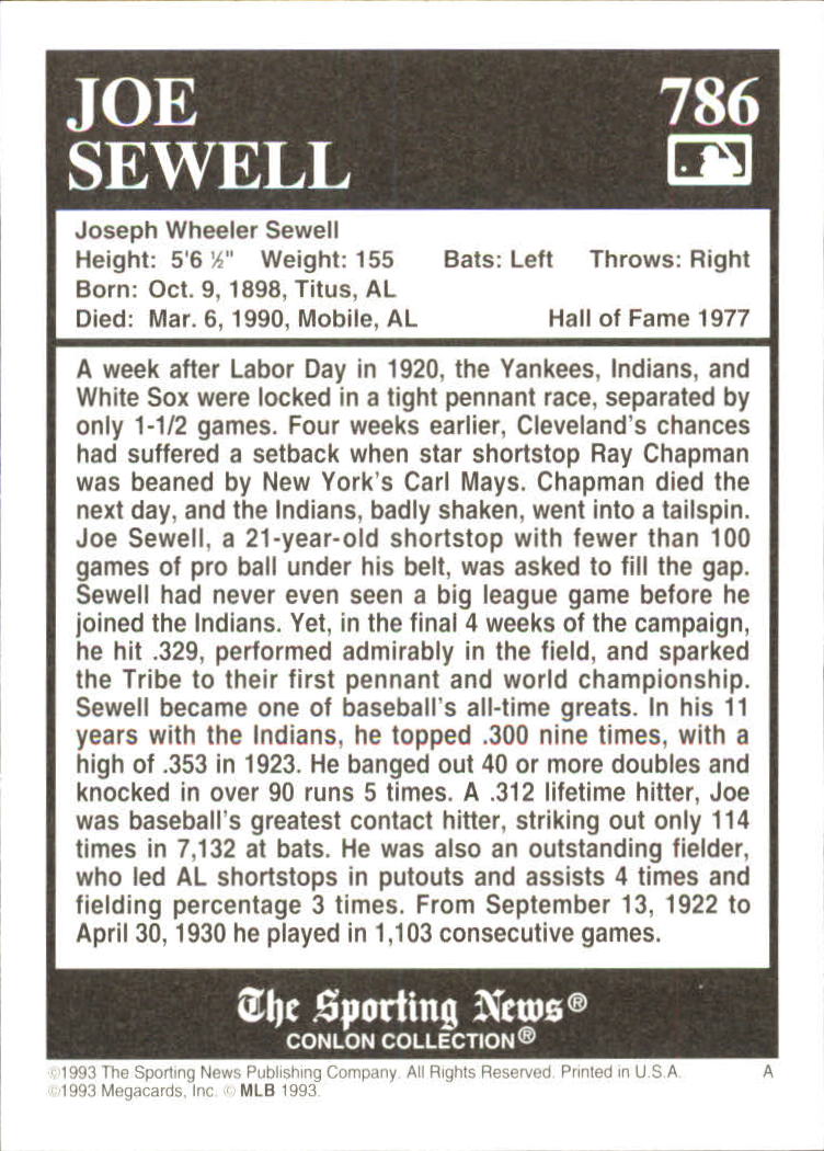 1993 Conlon TSN #786 Joe Sewell back image