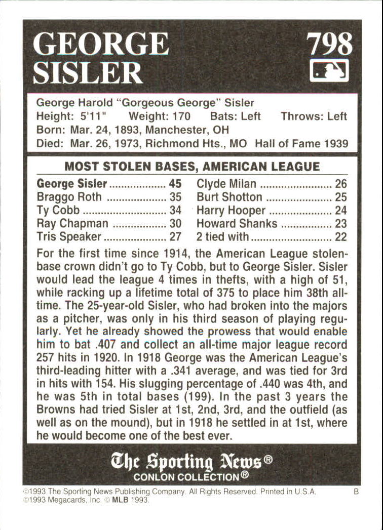 1993 Conlon TSN #798 George Sisler back image