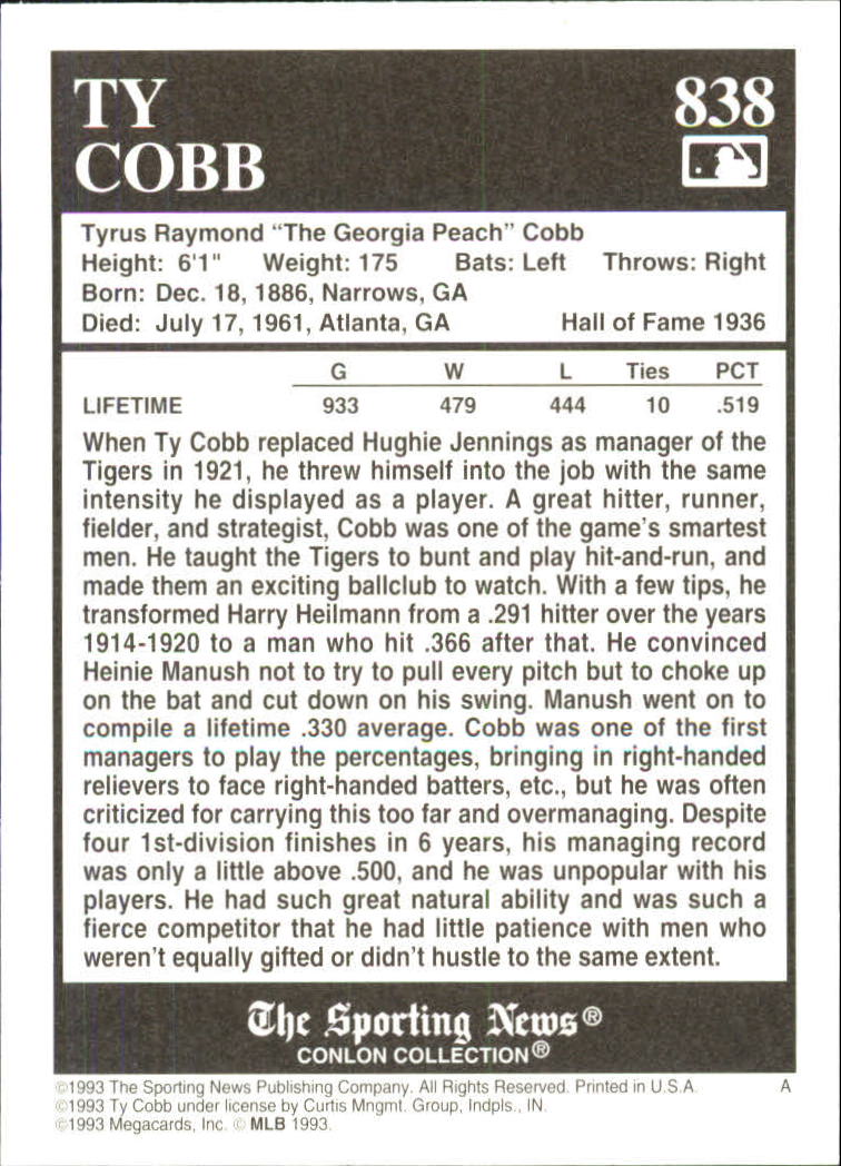 1993 Conlon TSN #838 Ty Cobb back image