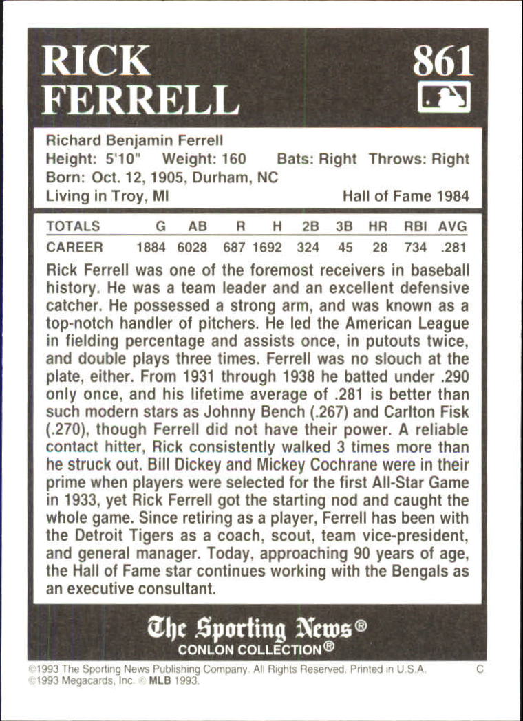 1993 Conlon TSN #861 Rick Ferrell back image